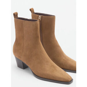 NEW MANGO MNG MEDIUM BROWN SUEDE BLOCK HEEL ANKLE BOOTS BOOTIE 37 US 6.5